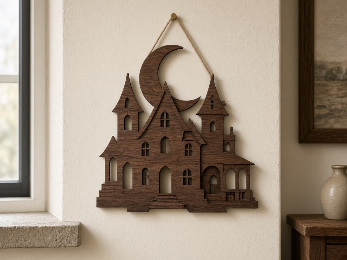 Laser-cut walnut haunted house and moon Halloween wall hanging