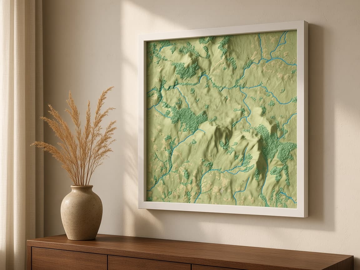 Blackstairs Mountains 3D relief map hanging above a walnut console