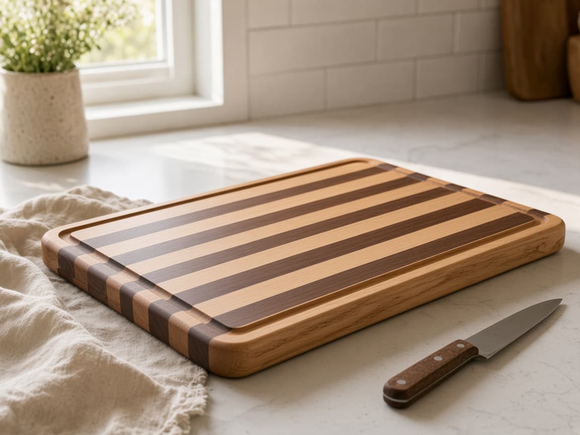 Striped maple and walnut chopping board on a kitchen counter