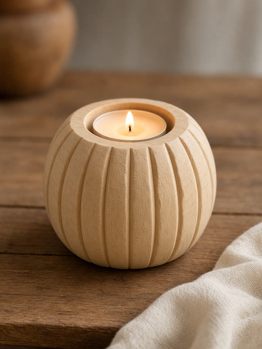 Handmade maple pumpkin tealight holder on a table