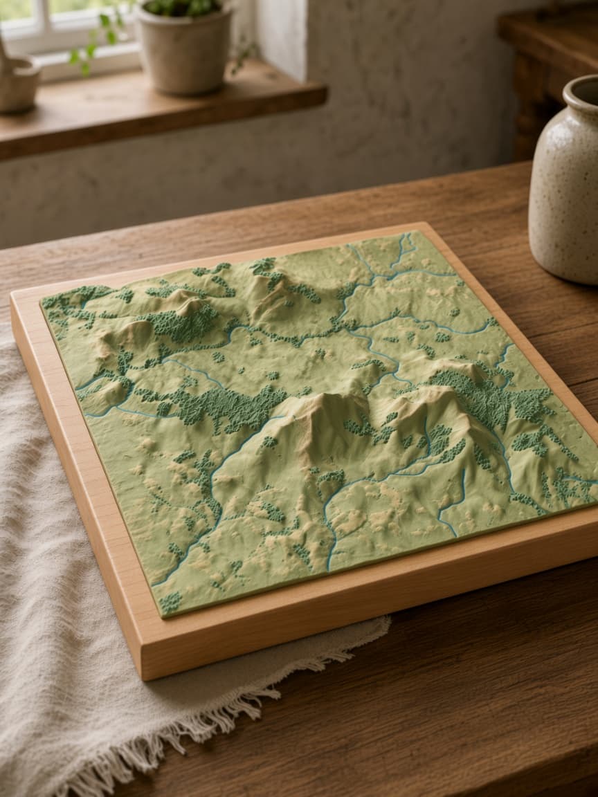 Blackstairs topographic relief on a 250mm square maple board on a table