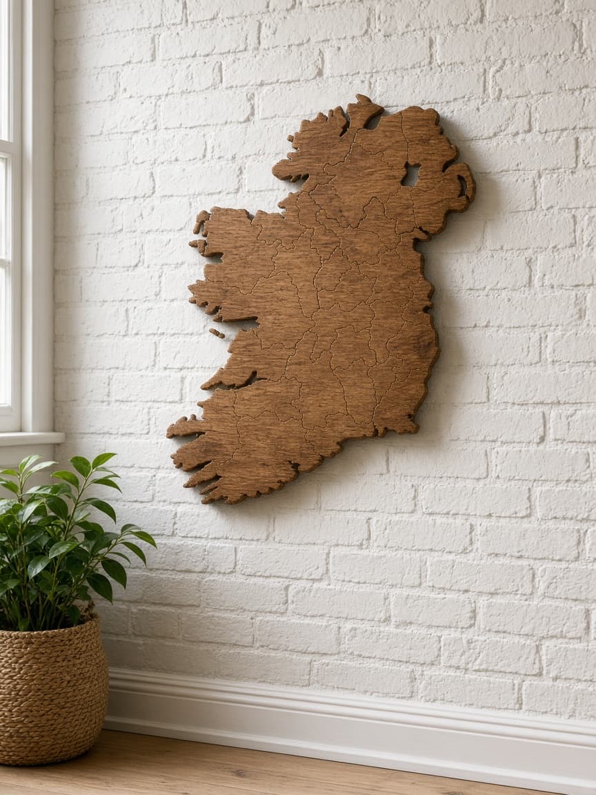 Wooden map of Ireland hanging in a home