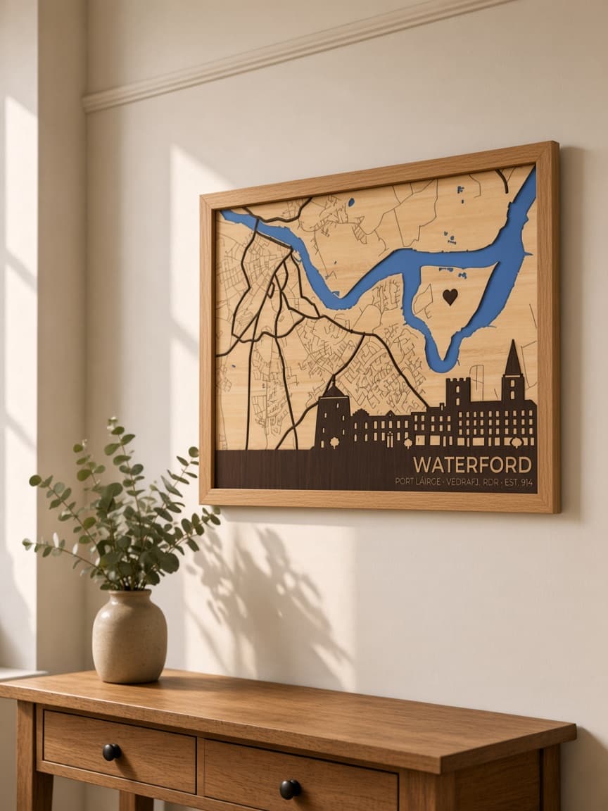 Laser-cut Waterford city map in an oak frame, handmade in Kilkenny