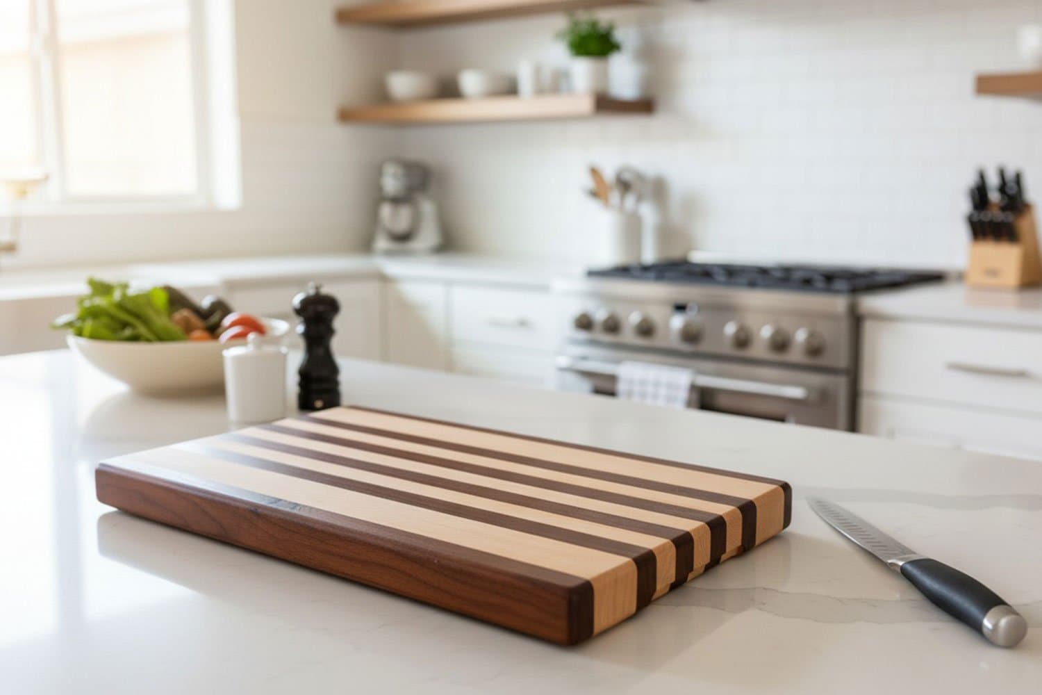 End-grain chopping block in Canadian maple and black walnut